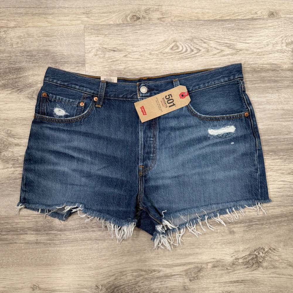 Levi's Navy Blue Frayed Hem 501 Cutoff Jean Shorts